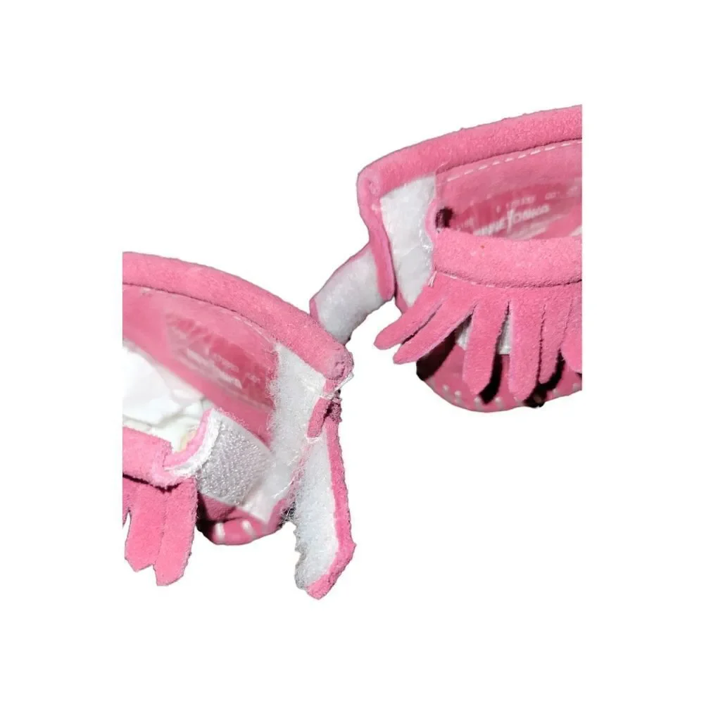 Minnetonka Fringe Moccasins Back Flap Bootie Hot Pink 1